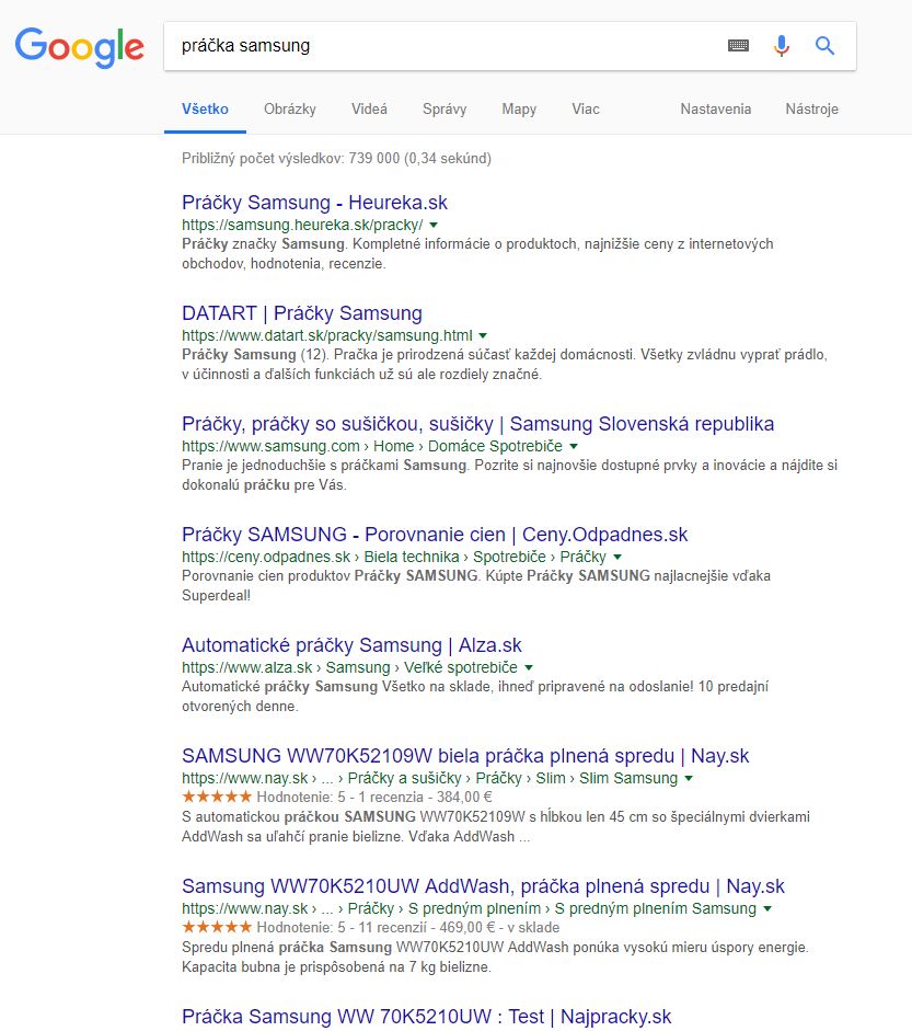 SERP analýza práčka Samsung.