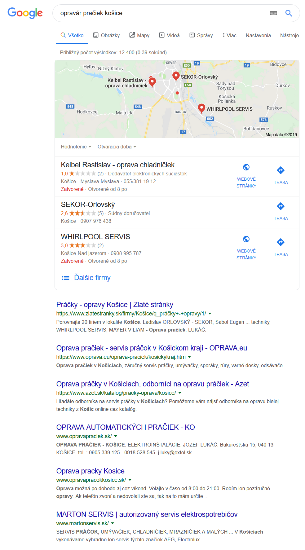 výsledok lokálneho vyhľadávania v Google