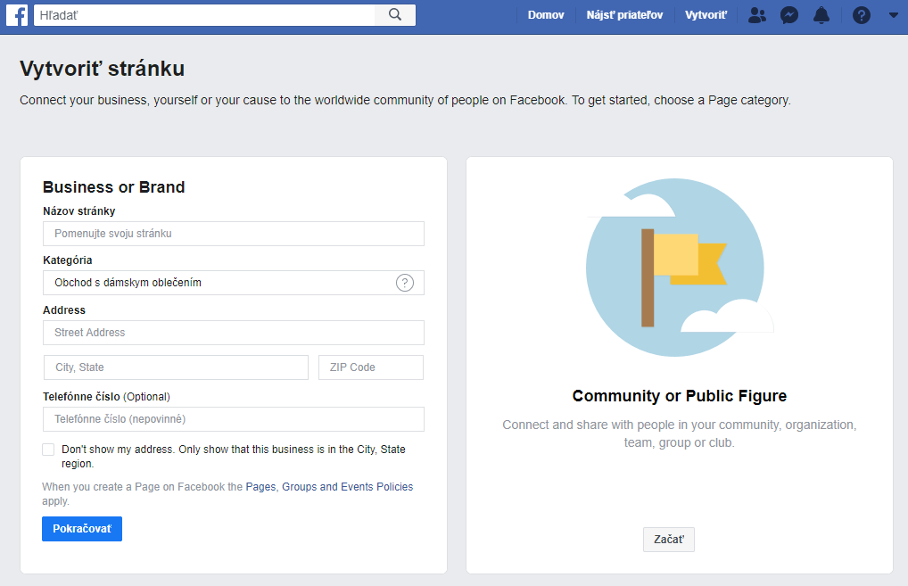 Facebook vytvorenie firemnej stránky