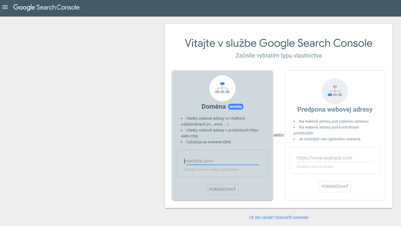 Google Search Console vytvorenie účtu