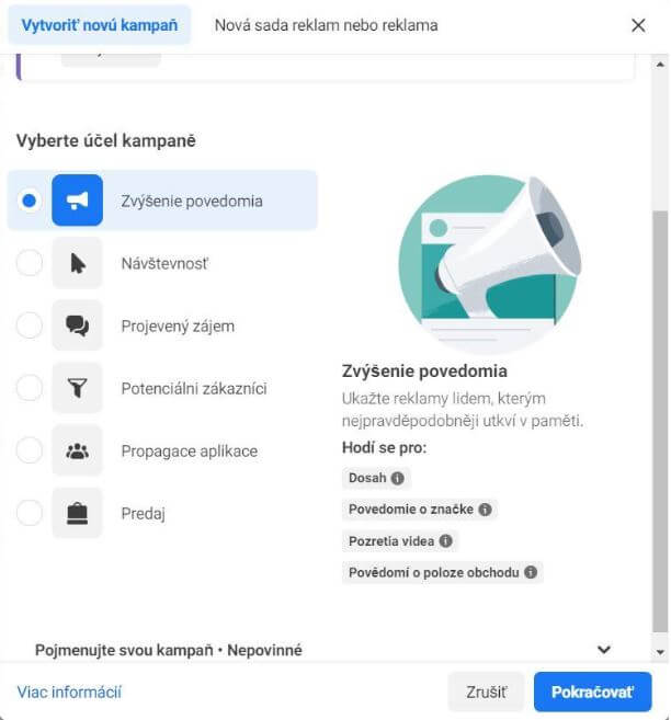vytvorit novu kampan Ako nastaviť kampaň store visits?